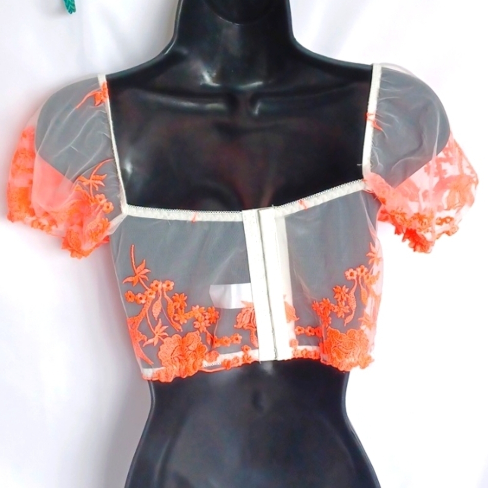 Cute sheer Neon orange bustier corset bustier top, Jr Sz S - Picture 5 of 7